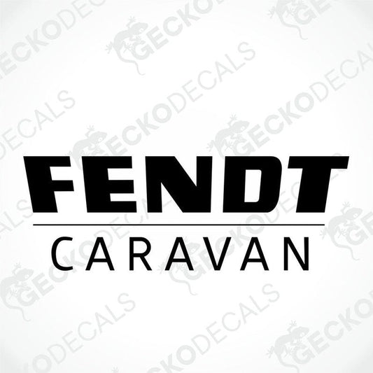 A black and white sticker with the text 'FENDT CARAVAN' on it, placed on a surface with a watermark saying 'geckodecals'.