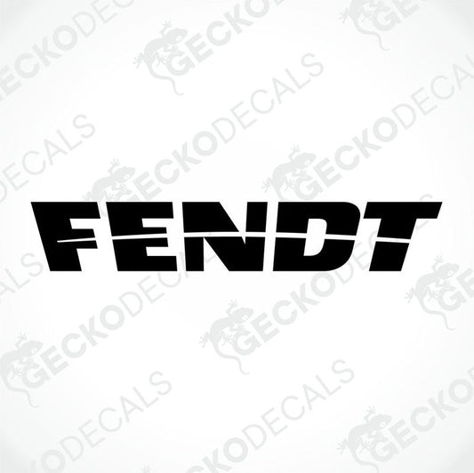 A black die cut sticker with the text 'FENDT' in uppercase letters, delivered on a white background with a Gecko Decals logo at the bottom.