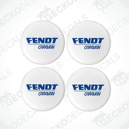 A set of four white vehicle decals with the Fendt Caravans brand logo in blue and red.