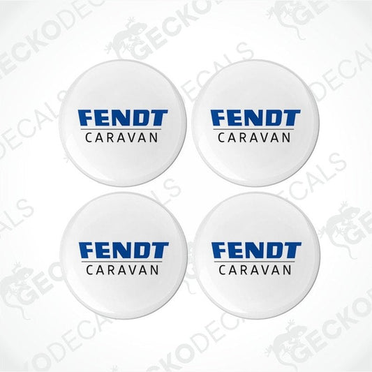 A set of four white epoxy decals with the Fendt Caravans brand name in blue.