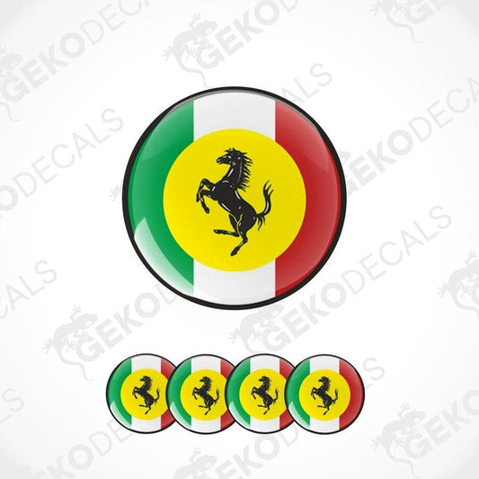 A set of round car decals featuring the Ferrari logo and the Italian flag colors.