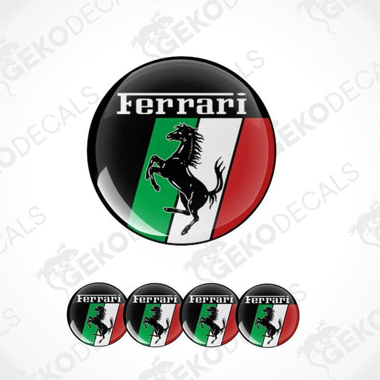Set of 4 domed Ferrari wheel decals with epoxy resin coating and polyurethane finish
