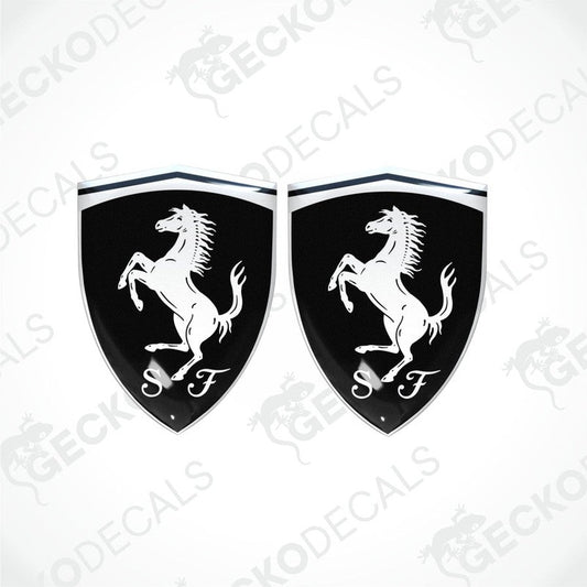 Two black vinyl stickers with a white horse logo and the initial 'F' on a shield-shaped background.