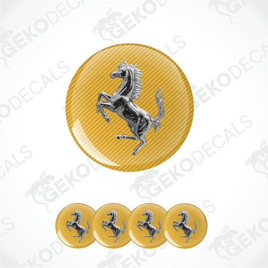 Ferrari logo on a yellow background with carbon fiber texture, featuring a horse emblem.