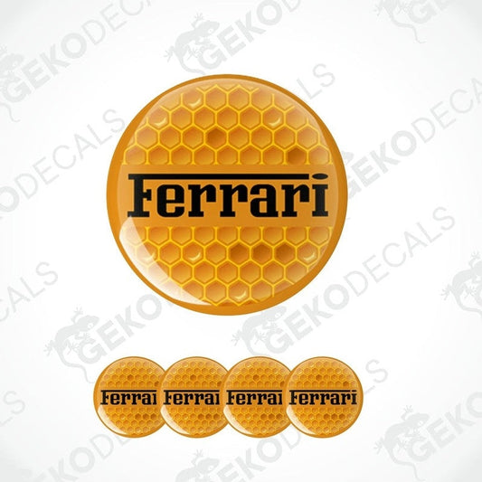 A set of vinyl decals with a polyurethane coating, featuring the Ferrari logo in yellow and black colors.