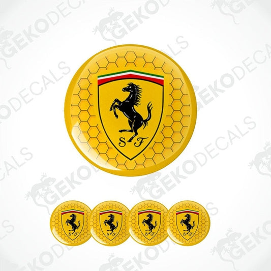 A set of yellow vinyl decals with a black Ferrari logo, including four different sizes.