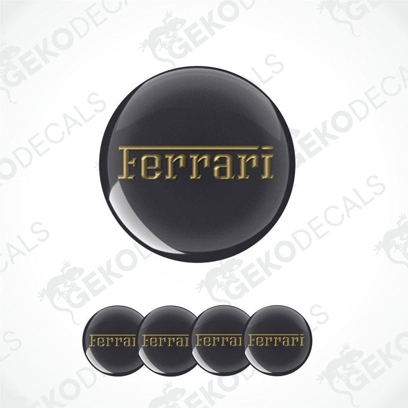 Ferrari logo and name in gold on black background with GEKODECALS watermark.