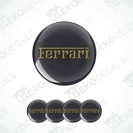 Ferrari logo and name in gold on black background with GEKODECALS watermark.