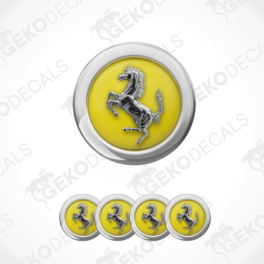 Ferrari logo with a horse on a yellow background, surrounded by five smaller versions of the logo.