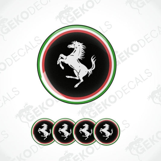 A set of vinyl decals featuring the Ferrari horse logo with a green, white, and red circular border.