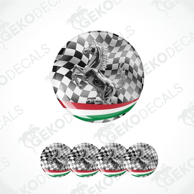 Set of car decals with a checkered pattern and horse emblem on a white background.