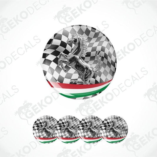 Set of car decals with a checkered pattern and horse emblem on a white background.