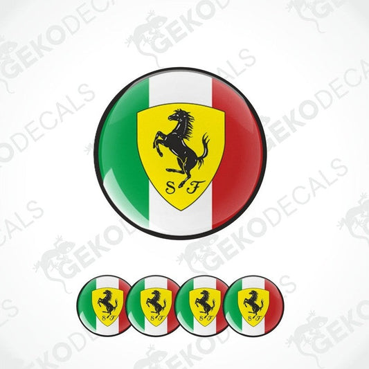 A set of round car decals featuring the Ferrari logo and the Italian flag colors.