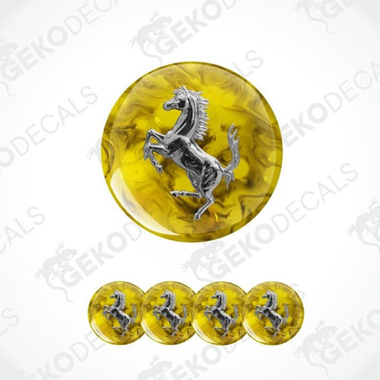 Silver horse emblem on a yellow circular background with GECKODECALS watermark.
