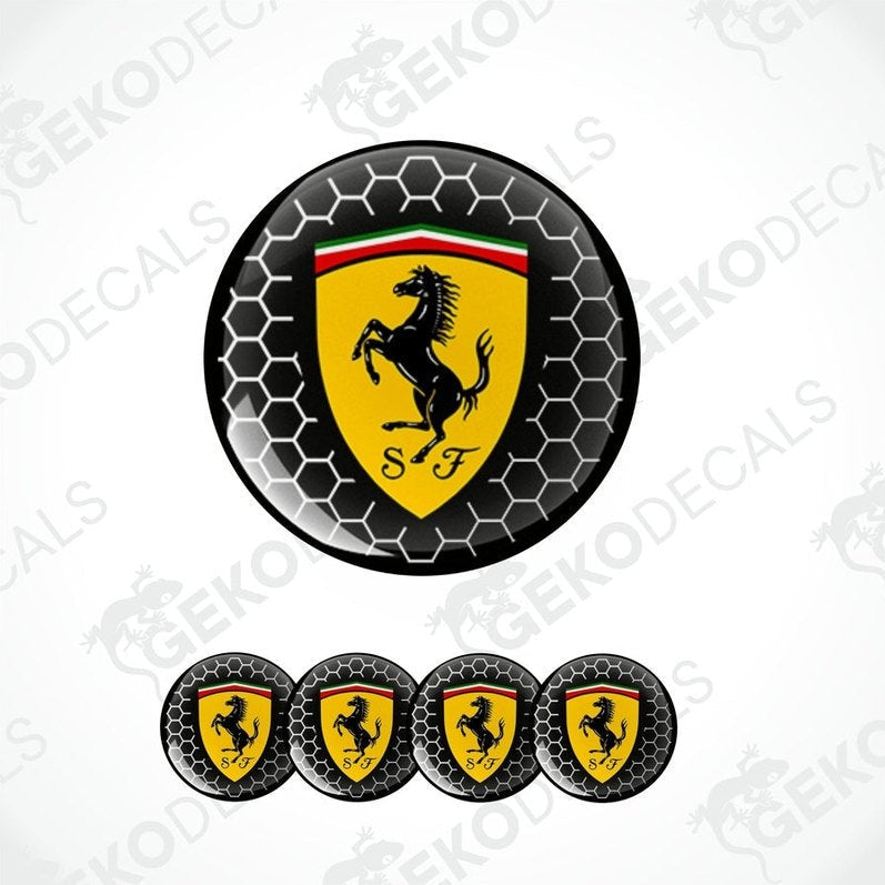 A set of vinyl decals with a polyurethane coating, featuring the Ferrari logo, designed for use on car wheels and other surfaces.