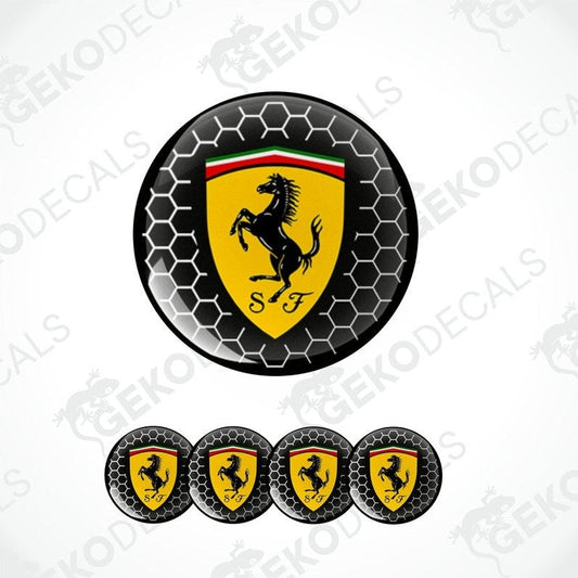 A set of vinyl decals with a polyurethane coating, featuring the Ferrari logo, designed for use on car wheels and other surfaces.