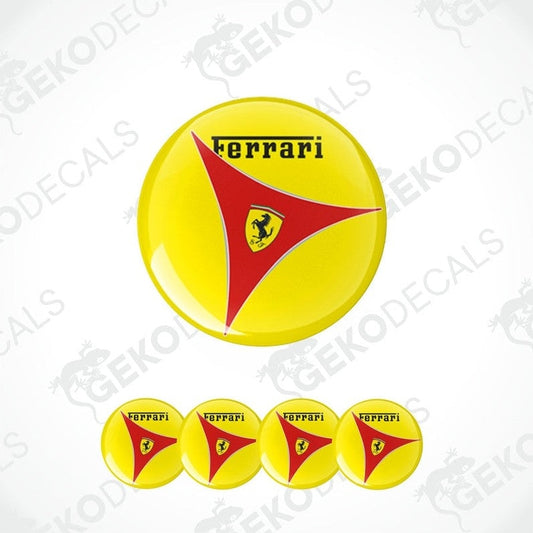 A set of yellow vinyl decals with the Ferrari logo in red and black.