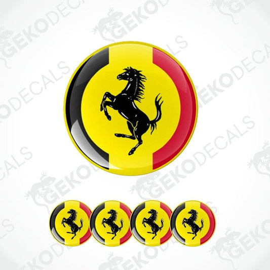 Domed epoxy Ferrari wheel cap sticker with glossy raised prancing horse detail