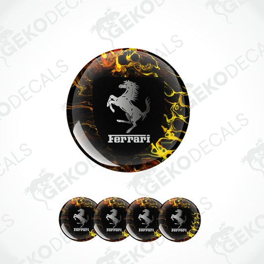 A set of vinyl decals featuring the Ferrari logo with a black and yellow flame design, intended for use on vehicle wheels.