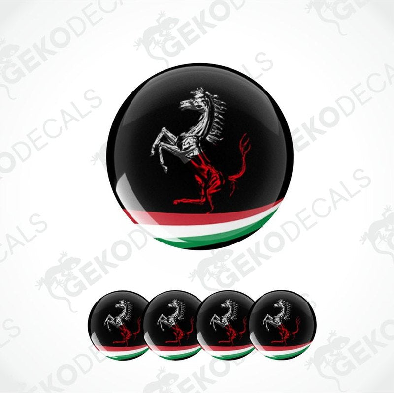 Set of five round decals with a horse emblem on a black background, featuring the Kenyan flag design.