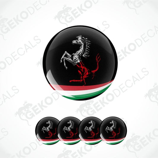 Set of five round decals with a horse emblem on a black background, featuring the Kenyan flag design.