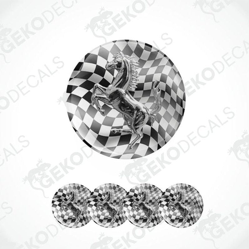 Set of car stickers with a checkered pattern and horse design on a white background.