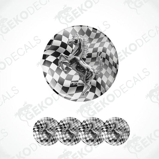 Set of car stickers with a checkered pattern and horse design on a white background.