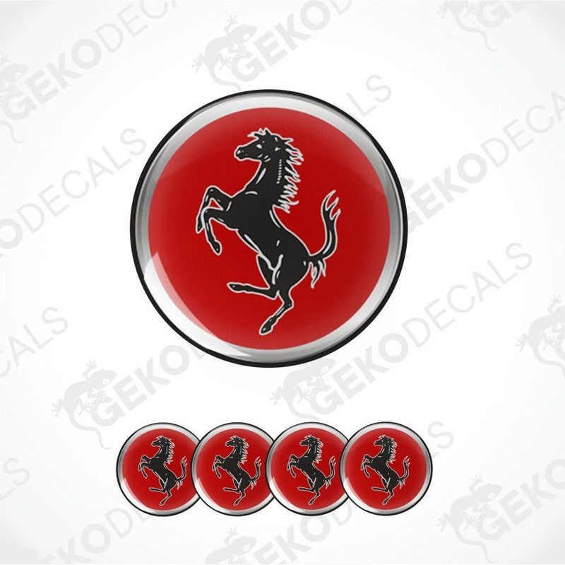 Ferrari logo decal with a red circle and black horse emblem on a white background.