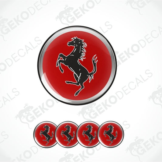 Ferrari logo decal with a red circle and black horse emblem on a white background.