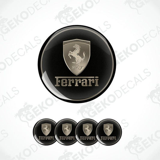 A set of four round black vinyl stickers with the Ferrari logo in the center.