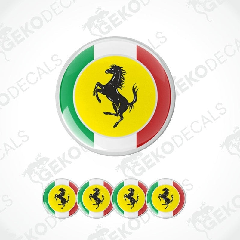 Ferrari wheel cap decals with domed epoxy finish and Italian flag stripes