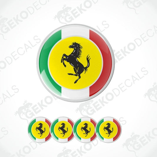 Ferrari wheel cap decals with domed epoxy finish and Italian flag stripes