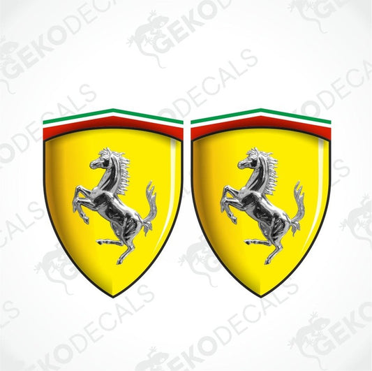 Two Ferrari logos on a white background with 'Geckodecals' branding.