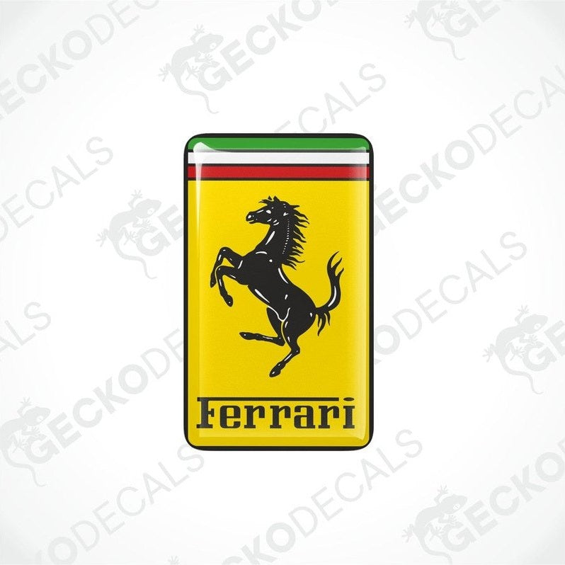 Vinyl stickers with a yellow, black, red, and green Ferrari logo design.