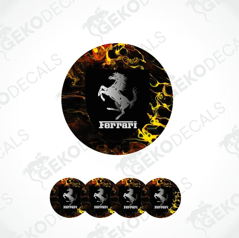 A set of vinyl decals featuring the Ferrari logo with a black and yellow flame design, intended for use on vehicle wheels.