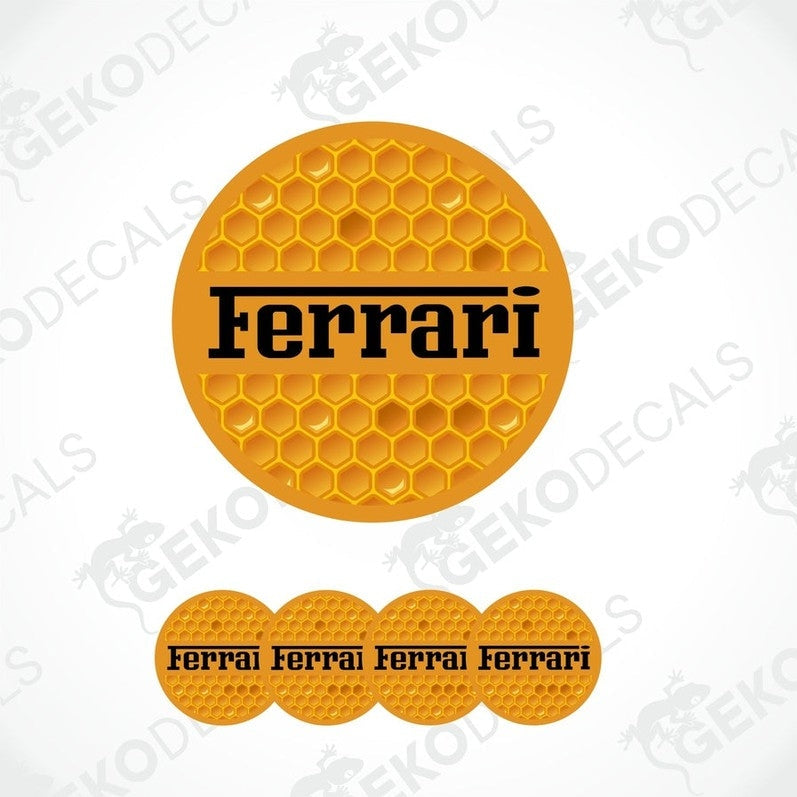 A set of vinyl decals with a polyurethane coating, featuring the Ferrari logo in yellow and black colors.