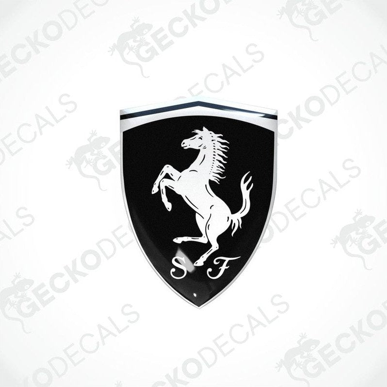 Black vinyl stickers with a white horse logo and the initial 'F' on a shield-shaped background.