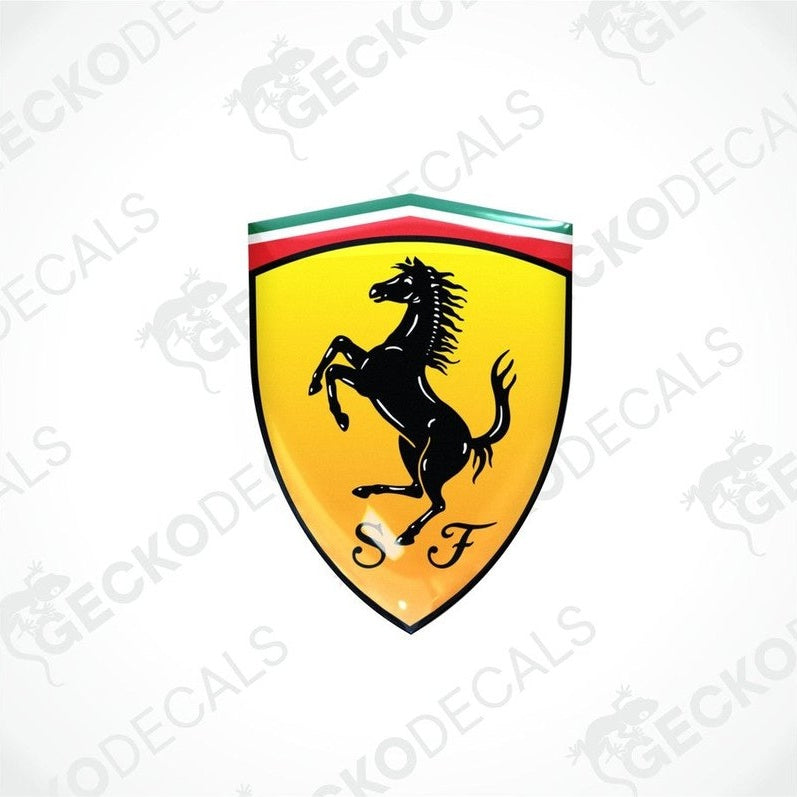 Yellow car decals with a black horse silhouette and the letter 'F' on a shield shape with red and green stripes at the top.