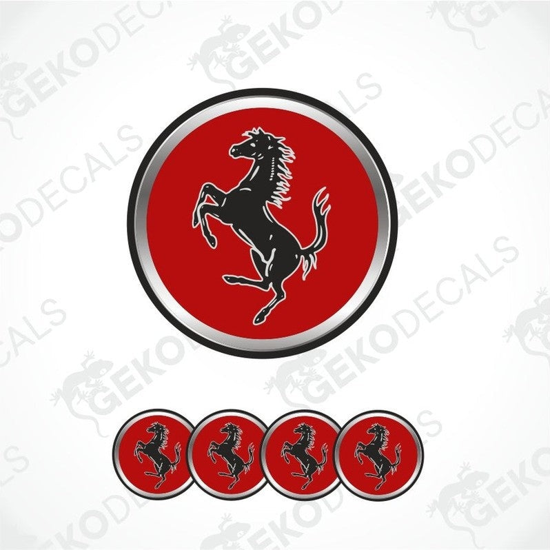 Ferrari logo with a horse emblem on a red background, surrounded by five smaller versions of the logo.