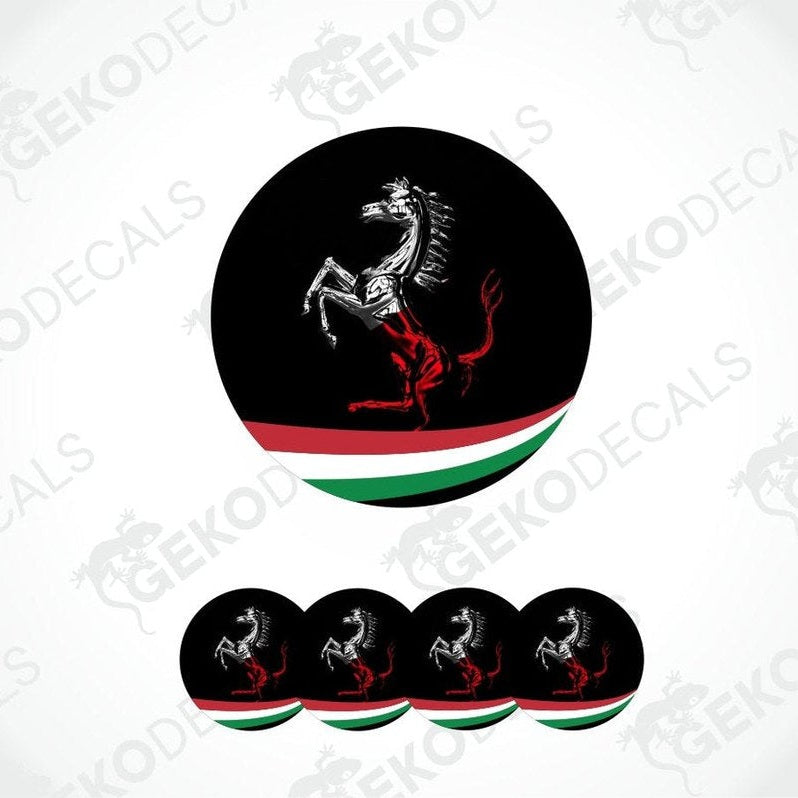 Round decal with a horse design and red, white, and green stripes on a black background, repeated multiple times.