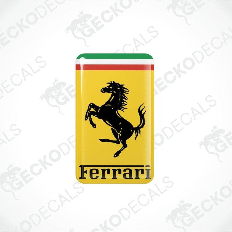  Multicolored vinyl stickers with a Ferrari logo on a white background.