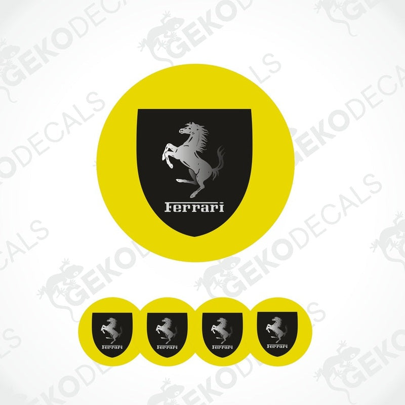 A set of vinyl decals with a polyurethane coating, featuring the Ferrari logo in black on a yellow background. 