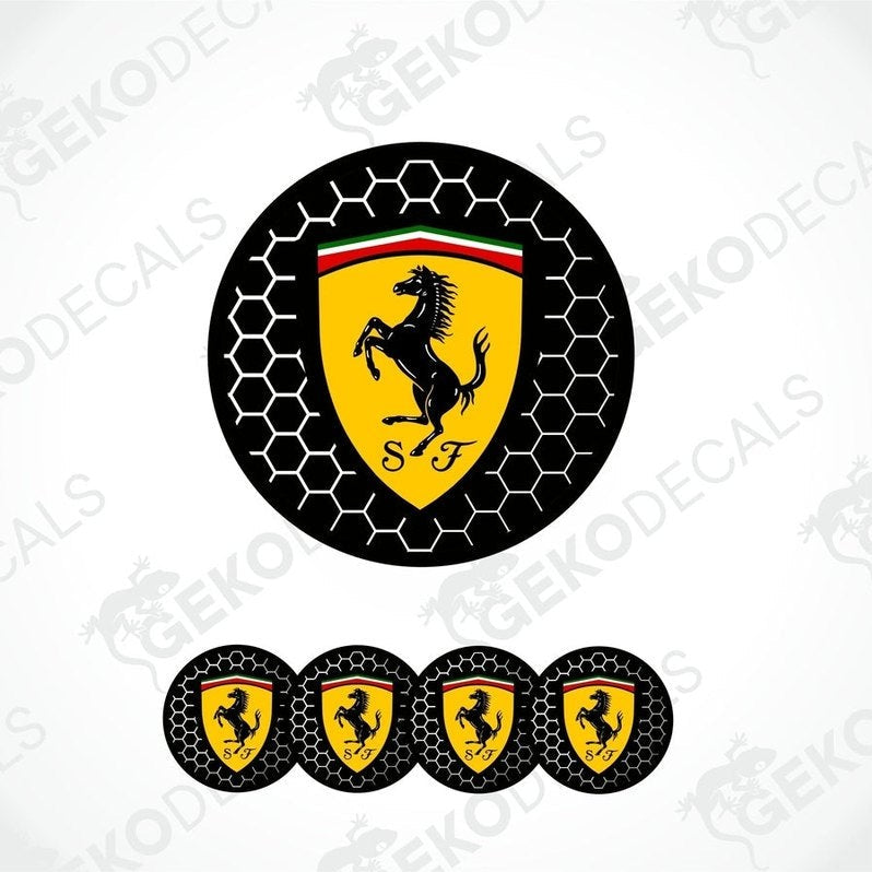 A set of vinyl decals with a polyurethane coating, featuring the Ferrari logo, designed for use on car wheels and other surfaces.