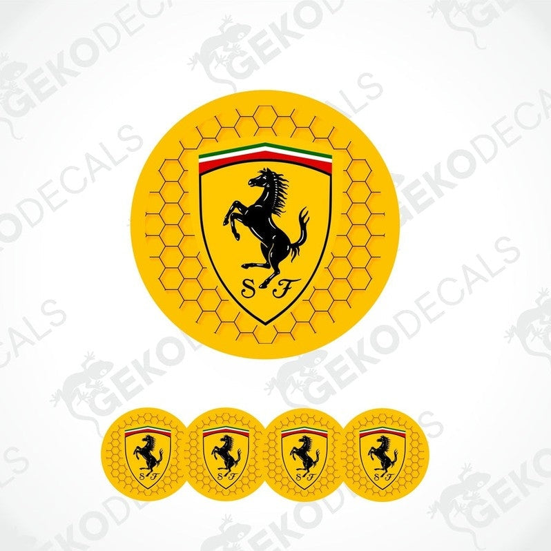 A set of yellow vinyl decals with a black Ferrari logo, including four different sizes.