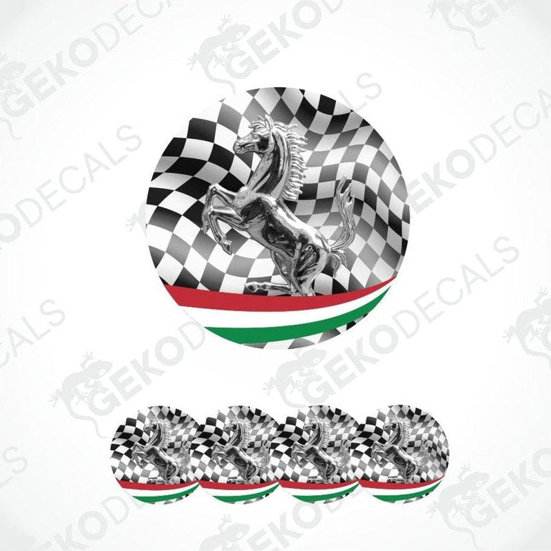 Set of car decals with a horse and checkered flag design on a white background.