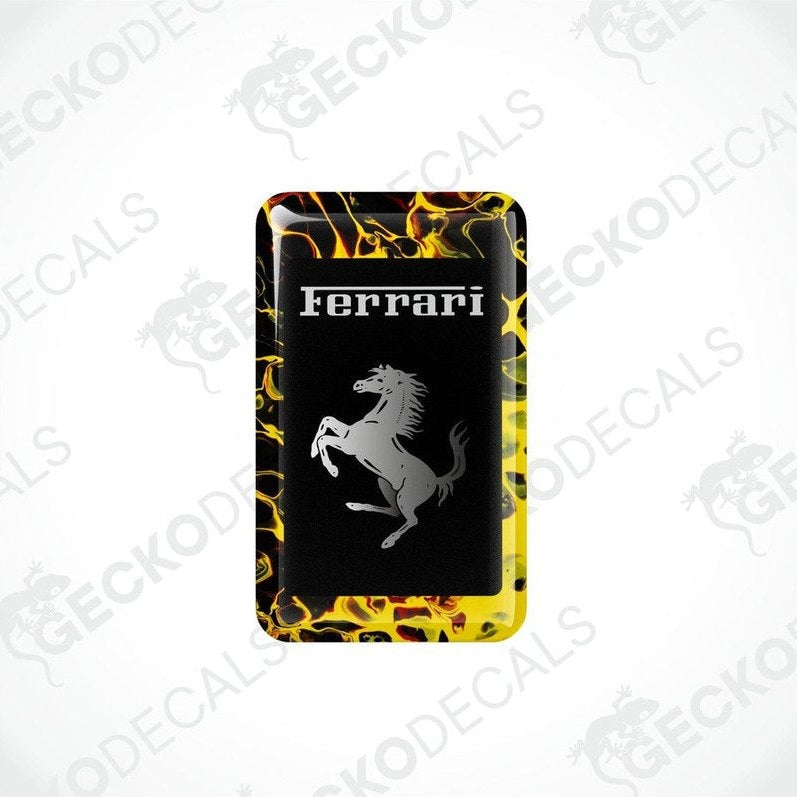 Yellow, black, and red vinyl stickers with the word 'FERRARI' and a horse logo.