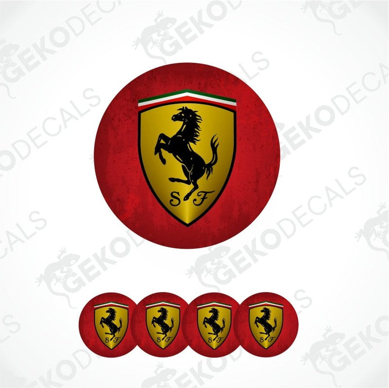 Ferrari logo with a red circle and five smaller logos below on a white background.