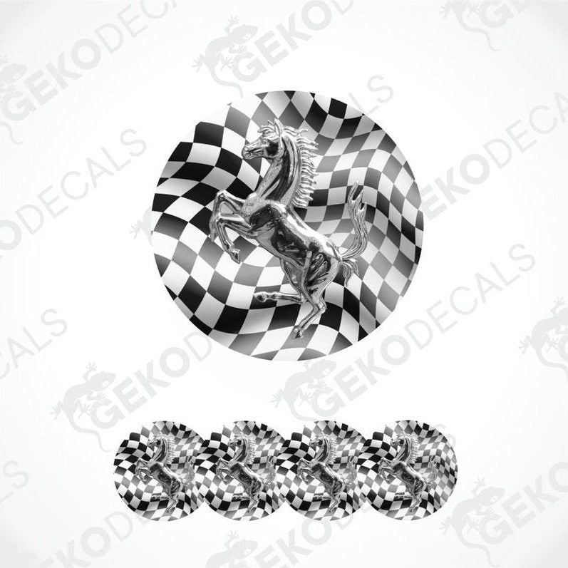 Set of horse decal designs with checkered pattern on a white background