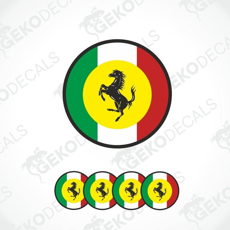 A set of round car decals featuring the Ferrari logo and the Italian flag colors.