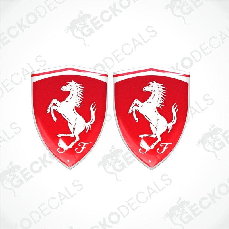 Two red vinyl stickers with a white horse logo and the initial 'F' on a shield-shaped background.